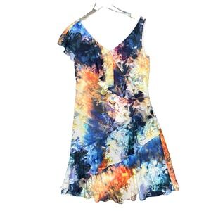 Frank Lyman Dress Womens 10‎ Gauzy Multi Color Watercolor Print Ruffle Stretch